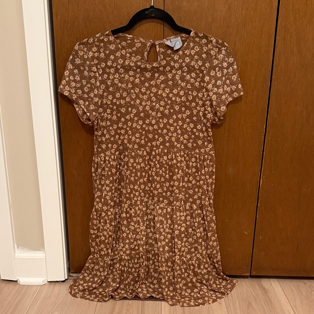 Brown Floral Short Sleeve Dress